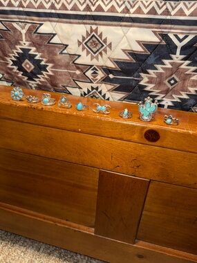 9 Piece Turquoise Silver Tone Ring Set - Western Floral & Cactus Accents